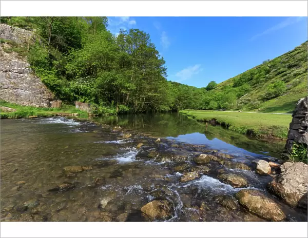 Weir, River Dove, Dovedale and Milldale in spring, White Peak, Peak District, Derbyshire