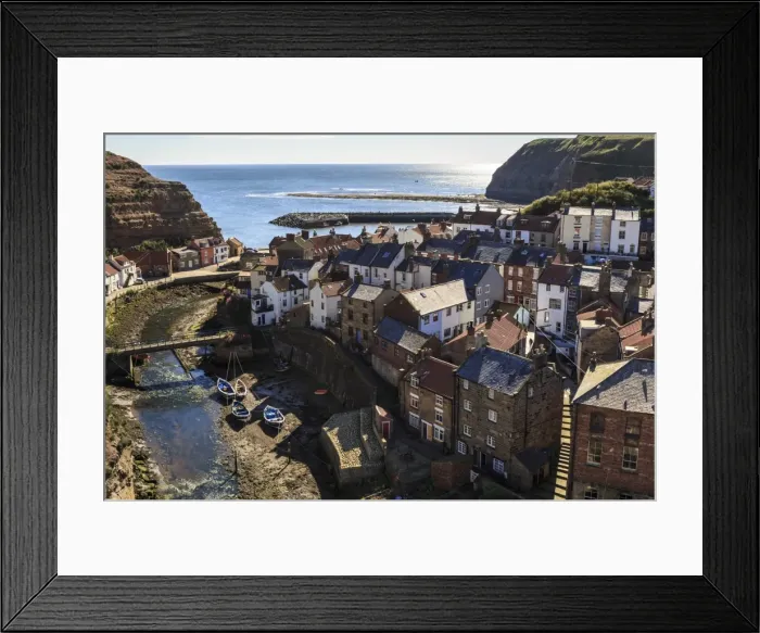 Framed Print : Winding alleys, fishing boats and sea, elevated view of village in summer, Staithes Framed Print : Winding alleys, fishing boats and sea, elevated view of village in summer, Staithes