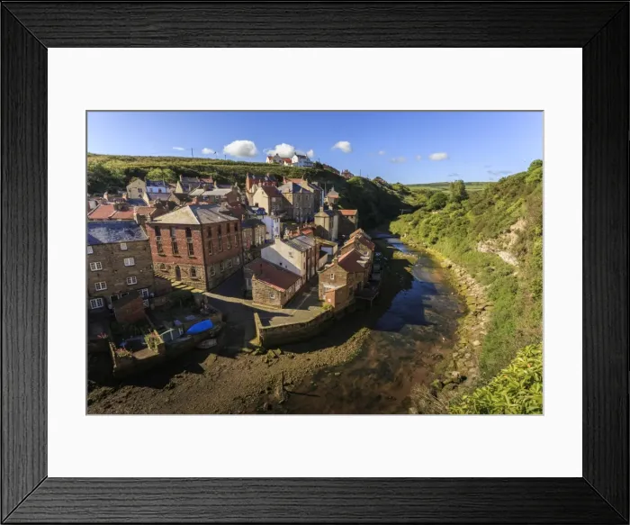 Framed Print : Steep streets of fishing village nd river, elevated view in summer, Staithes, North Framed Print : Steep streets of fishing village nd river, elevated view in summer, Staithes, North