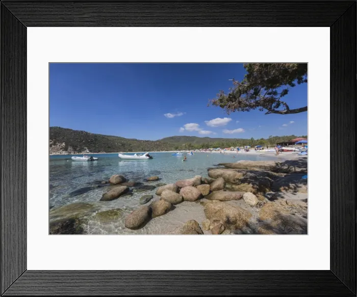 Framed Print : Boats in the turquoise sea surround the sandy beach of Cala Pira Castiadas, Cagliari Framed Print : Boats in the turquoise sea surround the sandy beach of Cala Pira Castiadas, Cagliari