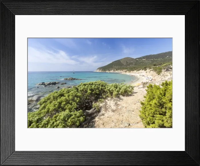 Framed Print : Mediterranean vegetation frames the beach and the turquoise sea of Porto Sa Ruxi Framed Print : Mediterranean vegetation frames the beach and the turquoise sea of Porto Sa Ruxi