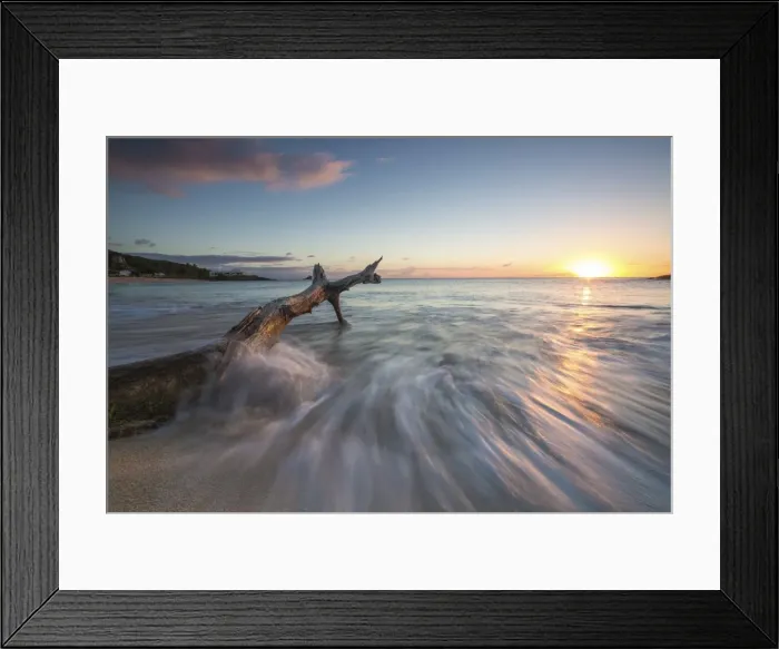 Framed Print : Waves on a tree trunk on the beach framed by the Caribbean sunset, Hawksbill Bay Framed Print : Waves on a tree trunk on the beach framed by the Caribbean sunset, Hawksbill Bay