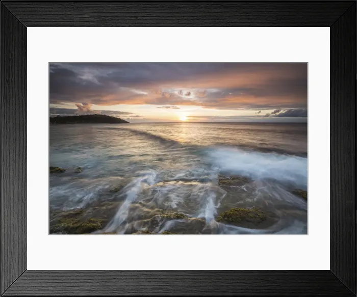 Framed Print : Waves crash on cliffs under a colorful Caribbean sunset, Galley Bay, St. Johns, Antigua Framed Print : Waves crash on cliffs under a colorful Caribbean sunset, Galley Bay, St. Johns, Antigua