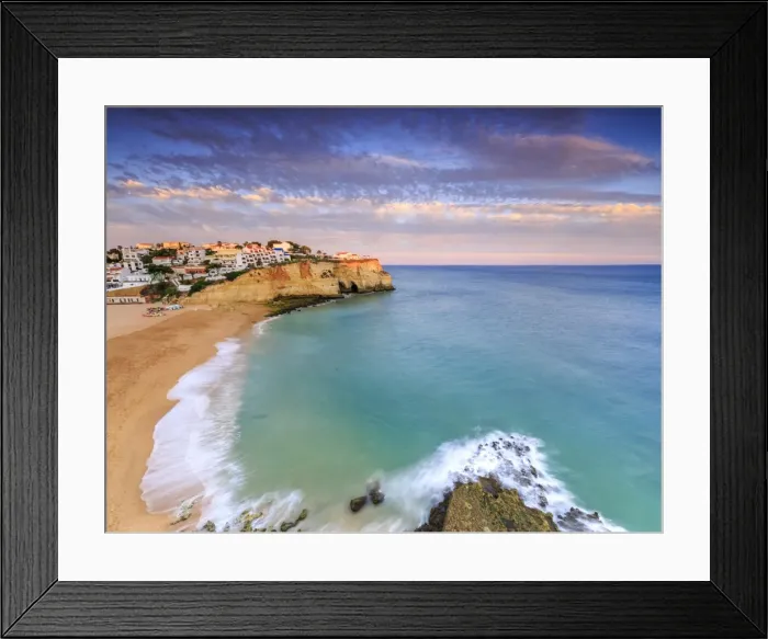 Framed Print : Panoramic view of Carvoeiro village surrounded by sandy beach and clear sea at sunset Framed Print : Panoramic view of Carvoeiro village surrounded by sandy beach and clear sea at sunset