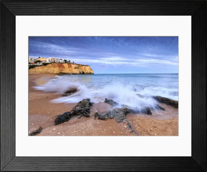 Framed Print : Ocean waves crashing on rocks and beach surrounding Carvoeiro village at sunset, Lagoa Municipality Framed Print : Ocean waves crashing on rocks and beach surrounding Carvoeiro village at sunset, Lagoa Municipality