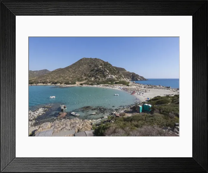 Framed Print : Top view of the bay with turquoise sea and the sandy beach, Punta Molentis, Villasimius Framed Print : Top view of the bay with turquoise sea and the sandy beach, Punta Molentis, Villasimius