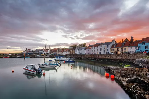 Sailing boats at sunset in the harbour at St. Monans, Fife, East Neuk, Scotland, United Kingdom