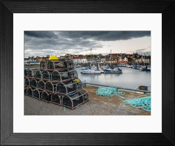 Framed Print : Sailing boats and crab pots at dusk in the harbour at Anstruther, Fife, East Neuk Framed Print : Sailing boats and crab pots at dusk in the harbour at Anstruther, Fife, East Neuk