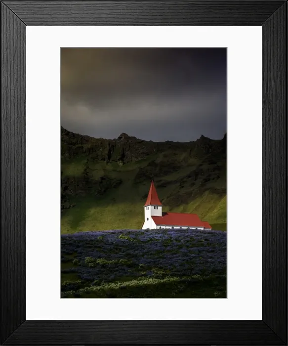 Framed Print : Vik church and lupine flowers, South Region, Iceland, Polar Regions Framed Print : Vik church and lupine flowers, South Region, Iceland, Polar Regions