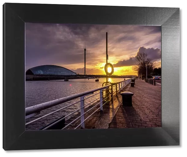 A stunning sunset over the River Clyde, Glasgow, Scotland, United Kingdom, Europe