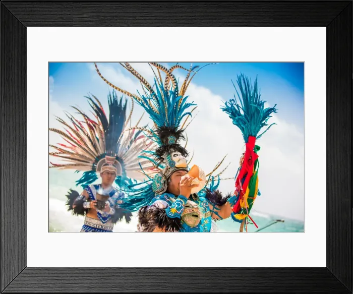 Framed Print : Two indigenous Toltec men performing a sunrise ceremony on the beach of Tulum, Yucatan Peninsula