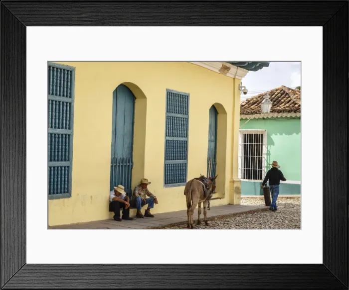 Framed Print : Elderly men sitting with donkey at the street, Trinidad, Sancti Spiritus Province Framed Print : Elderly men sitting with donkey at the street, Trinidad, Sancti Spiritus Province