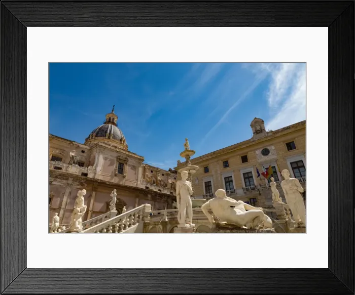 Framed Print : Fontana Pretoria in Piazza Pretoria, with the dome of Chiesa san Giuseppe ai Teatini in Palermo Framed Print : Fontana Pretoria in Piazza Pretoria, with the dome of Chiesa san Giuseppe ai Teatini in Palermo