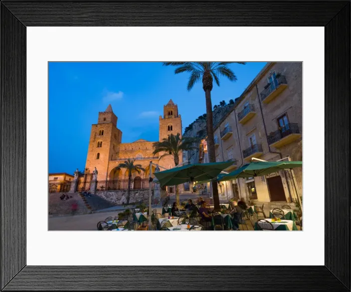 Framed Print : People dining in Piazza Duomo in front of the Norman Cathedral of Cefalu illuminated at night Framed Print : People dining in Piazza Duomo in front of the Norman Cathedral of Cefalu illuminated at night