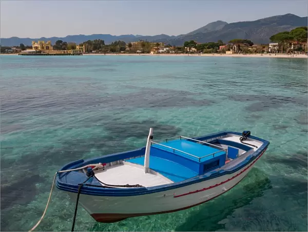 Traditional colourful fishing boat moored at the seaside resort of Mondello, Sicily