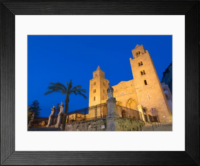 Framed Print : The facade of the Norman Cathedral of Cefalu illuminated at night, Sicily, Italy, Europe Framed Print : The facade of the Norman Cathedral of Cefalu illuminated at night, Sicily, Italy, Europe