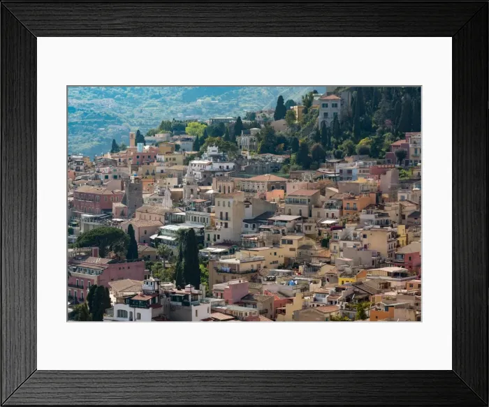 Framed Print : View of the hill town of Taormina, Sicily, Italy, Mediterranean, Europe Framed Print : View of the hill town of Taormina, Sicily, Italy, Mediterranean, Europe