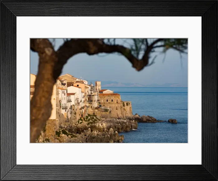 Framed Print : Historic houses on the rocky coastline of Cefalu, Sicily, Italy, Mediterranean, Europe