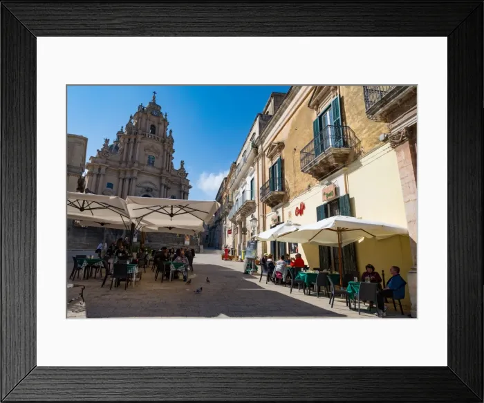 Framed Print : People dining in Piazza Duomo in front of Cathedral of San Giorgio in the historic Framed Print : People dining in Piazza Duomo in front of Cathedral of San Giorgio in the historic