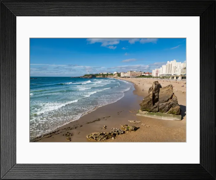 Framed Print : Large rock on the beach and seafront in Biarritz, Pyrenees Atlantiques, Aquitaine Framed Print : Large rock on the beach and seafront in Biarritz, Pyrenees Atlantiques, Aquitaine