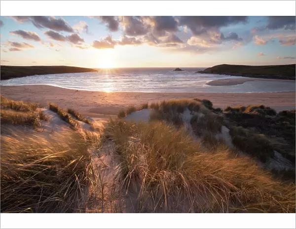 Ribbed sand and sand dunes at sunset, Crantock Beach, Crantock, near Newquay, Cornwall