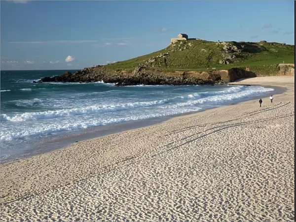 Porthmeor beach and St. Nicholas chapel, St. Ives, Cornwall, England, United Kingdom