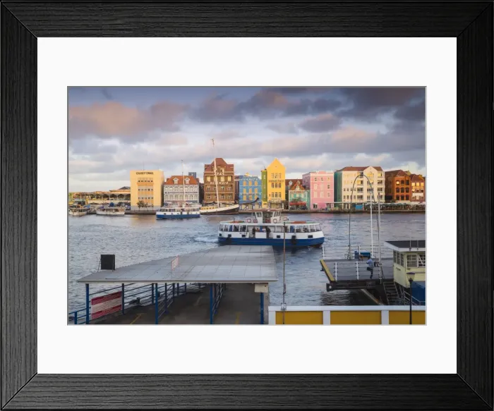 Framed Print : View of Otrobanda ferry terminal and Dutch colonial buildings on Handelskade along Framed Print : View of Otrobanda ferry terminal and Dutch colonial buildings on Handelskade along