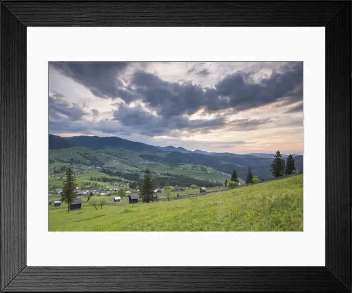 Framed Print : Bukovina Region (Bucovina) landscape at sunset, Paltinu, Romania, Europe