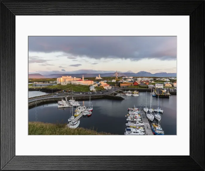 Framed Print : The harbor town of Stykkisholmur as seen from the small island of Stykkia on Framed Print : The harbor town of Stykkisholmur as seen from the small island of Stykkia on