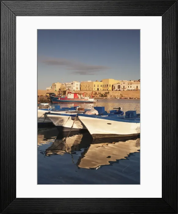 Framed Print : Fishing boats at the port, old town at sunrise, Gallipoli, Lecce province, Salentine Peninsula Framed Print : Fishing boats at the port, old town at sunrise, Gallipoli, Lecce province, Salentine Peninsula
