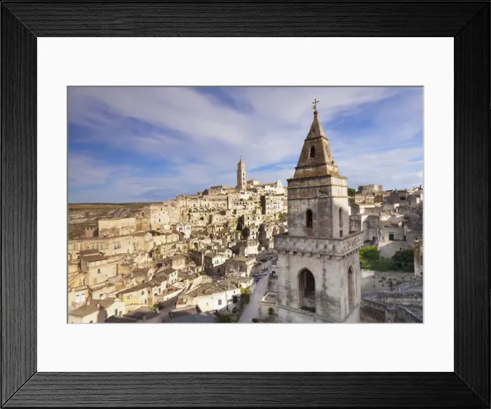Framed Print : Bell tower of Chiesa di San Pietro Barisano, view over Sasso Barisano, UNESCO World Heritage Site Framed Print : Bell tower of Chiesa di San Pietro Barisano, view over Sasso Barisano, UNESCO World Heritage Site