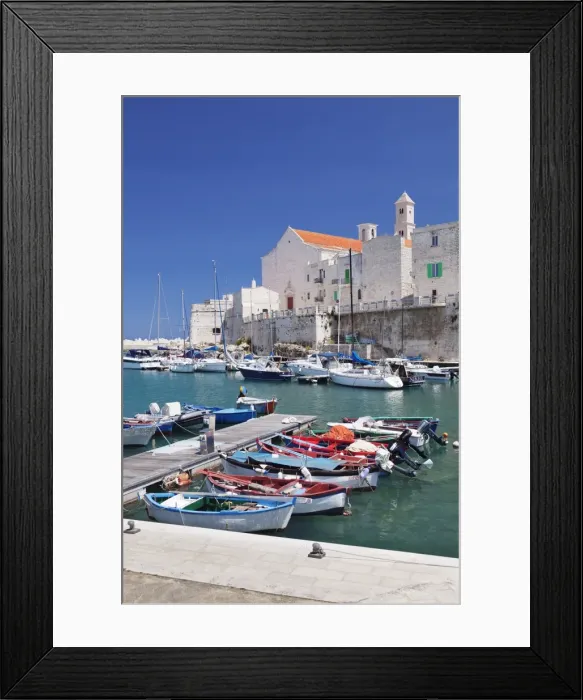 Framed Print : Fishing boats at the harbour, old town with cathedral, Giovinazzo, Bari district Framed Print : Fishing boats at the harbour, old town with cathedral, Giovinazzo, Bari district