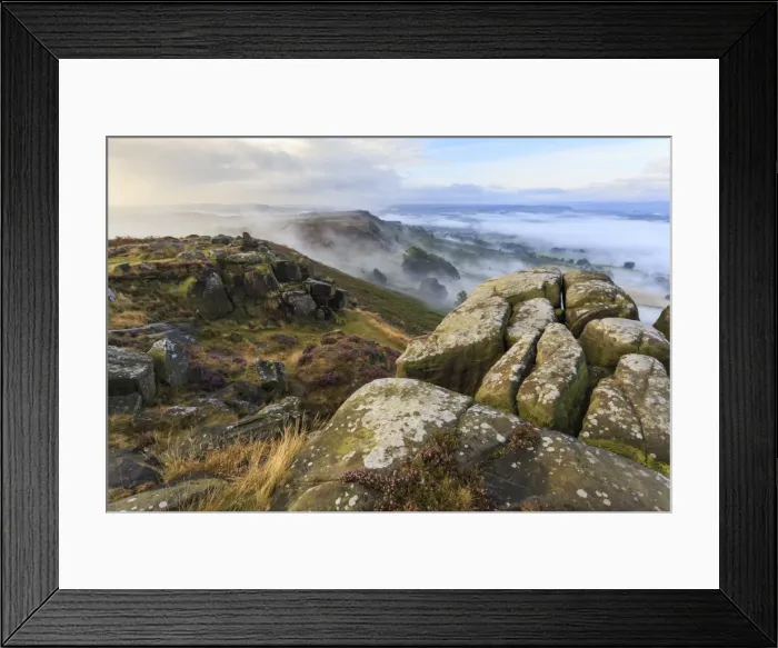 Framed Print : Early morning fog, Curbar Edge with view to Baslow Edge, Peak District National Park Framed Print : Early morning fog, Curbar Edge with view to Baslow Edge, Peak District National Park