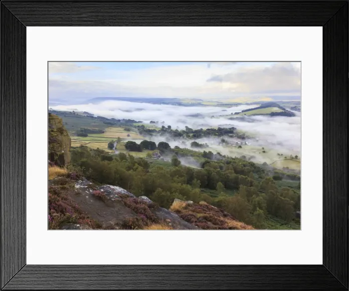 Framed Print : Early morning fog around Curbar village, from Curbar Edge, Peak District National Park Framed Print : Early morning fog around Curbar village, from Curbar Edge, Peak District National Park