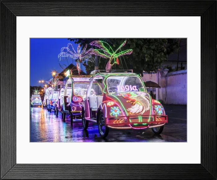 Framed Print : Brightly coloured illuminated pedal cars in Yogyakarta city, Java, Indonesia, Southeast Asia Framed Print : Brightly coloured illuminated pedal cars in Yogyakarta city, Java, Indonesia, Southeast Asia