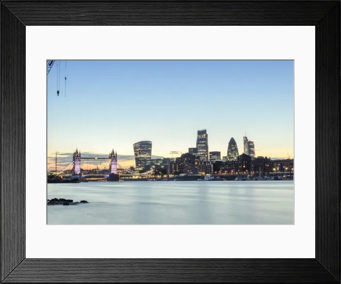 Framed Print : Skyline of the City of London and Tower Bridge at twilight shot from Bermondsey, London Framed Print : Skyline of the City of London and Tower Bridge at twilight shot from Bermondsey, London