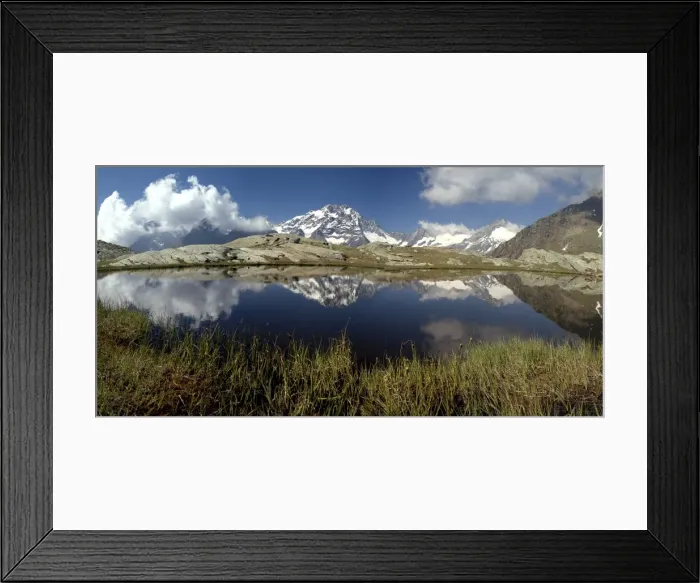 Framed Print : Panorama of Mount Disgrazia reflected in the lake Vazzeda, Alpe Fora, Malenco Valley Framed Print : Panorama of Mount Disgrazia reflected in the lake Vazzeda, Alpe Fora, Malenco Valley
