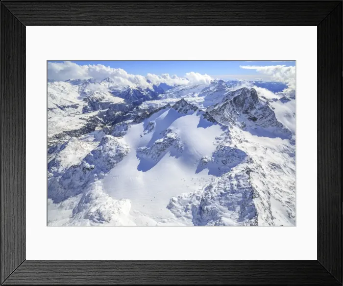 Framed Print : Aerial view of Peak Ferra covered with snow, Spluga Valley, Chiavenna, Valtellina Framed Print : Aerial view of Peak Ferra covered with snow, Spluga Valley, Chiavenna, Valtellina