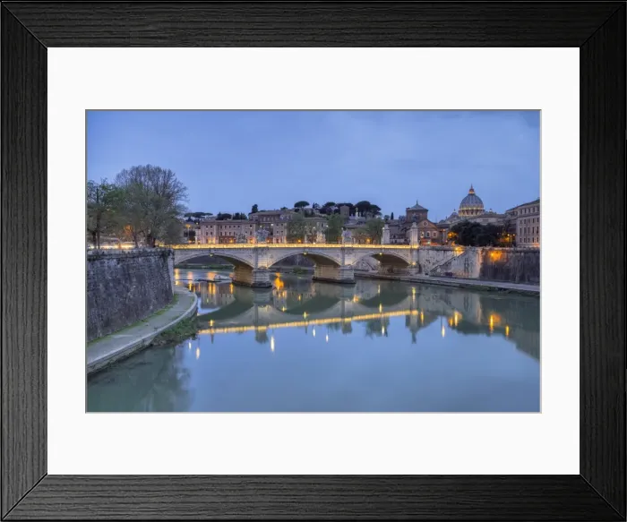 Framed Print : Dusk on Tiber River with Umberto I Bridge and the Basilica di San Pietro in the Vatican Framed Print : Dusk on Tiber River with Umberto I Bridge and the Basilica di San Pietro in the Vatican
