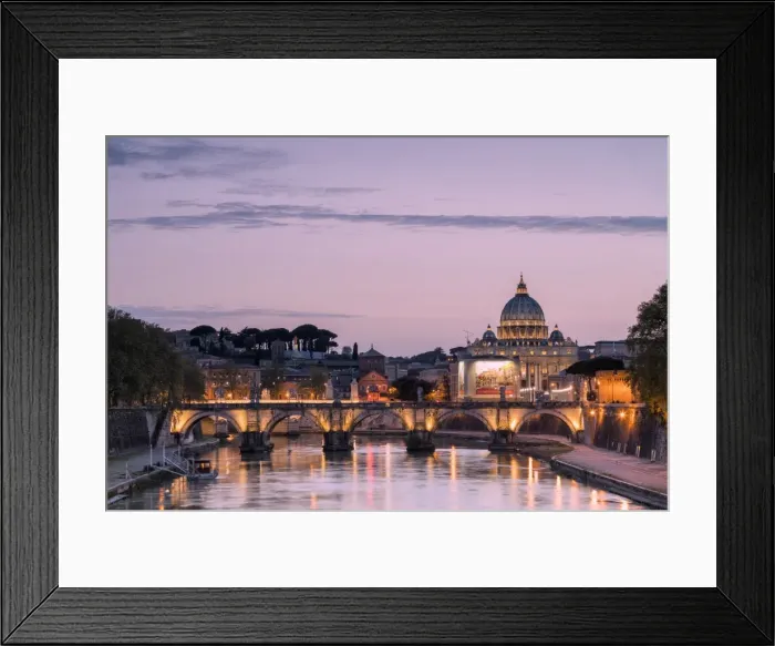 Framed Print : Dusk lights on Tiber River with bridge Umberto I and Basilica di San Pietro in the background Framed Print : Dusk lights on Tiber River with bridge Umberto I and Basilica di San Pietro in the background