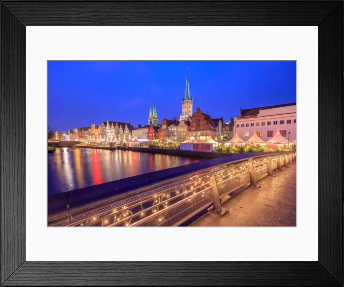 Framed Print : Night view of typical houses and the cathedral reflected in River Trave, Lubeck, Schleswig Holstein Framed Print : Night view of typical houses and the cathedral reflected in River Trave, Lubeck, Schleswig Holstein