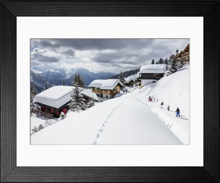 Framed Print : Tourists and skiers enjoying the snowy landscape, Bettmeralp, district of Raron, canton of Valais Framed Print : Tourists and skiers enjoying the snowy landscape, Bettmeralp, district of Raron, canton of Valais