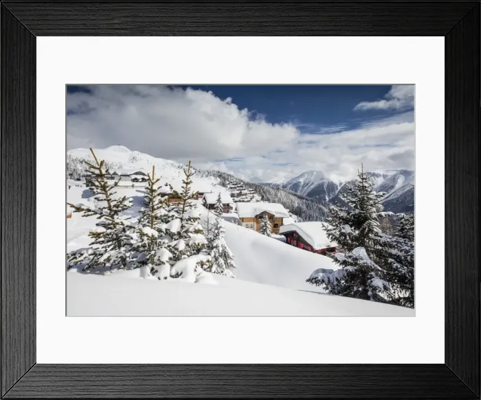 Framed Print : The winter sun shines on the snowy mountain huts and woods, Bettmeralp, district of Raron Framed Print : The winter sun shines on the snowy mountain huts and woods, Bettmeralp, district of Raron