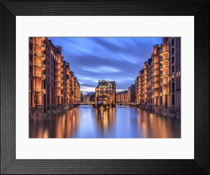 Framed Print : Blue dusk and lights are reflected in Poggenmohlenbrucke with water castle between bridges Framed Print : Blue dusk and lights are reflected in Poggenmohlenbrucke with water castle between bridges