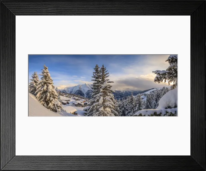Framed Print : Panorama of snowy woods and mountain huts framed by sunset, Bettmeralp, district of Raron Framed Print : Panorama of snowy woods and mountain huts framed by sunset, Bettmeralp, district of Raron