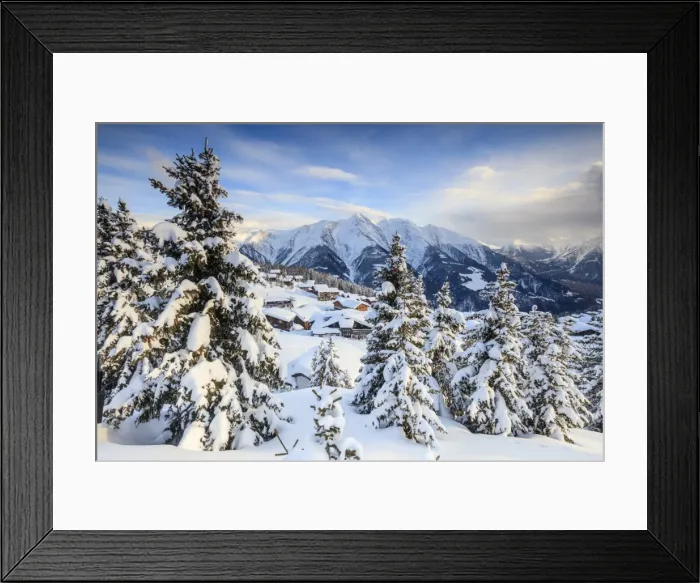 Framed Print : Snowy woods and mountain huts framed by the winter sunset, Bettmeralp, district of Raron Framed Print : Snowy woods and mountain huts framed by the winter sunset, Bettmeralp, district of Raron