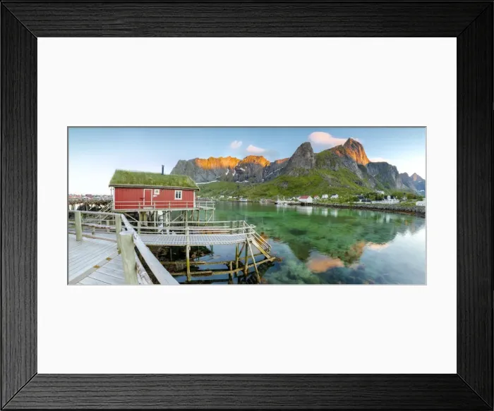 Framed Print : Panoramic of the fishing village surrounded by sea and midnight sun, Reine, Nordland county Framed Print : Panoramic of the fishing village surrounded by sea and midnight sun, Reine, Nordland county