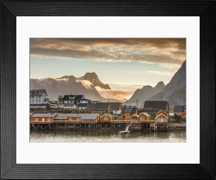Framed Print : Sunset on the fishing village framed by rocky peaks and sea, Sakrisoya, Nordland county Framed Print : Sunset on the fishing village framed by rocky peaks and sea, Sakrisoya, Nordland county