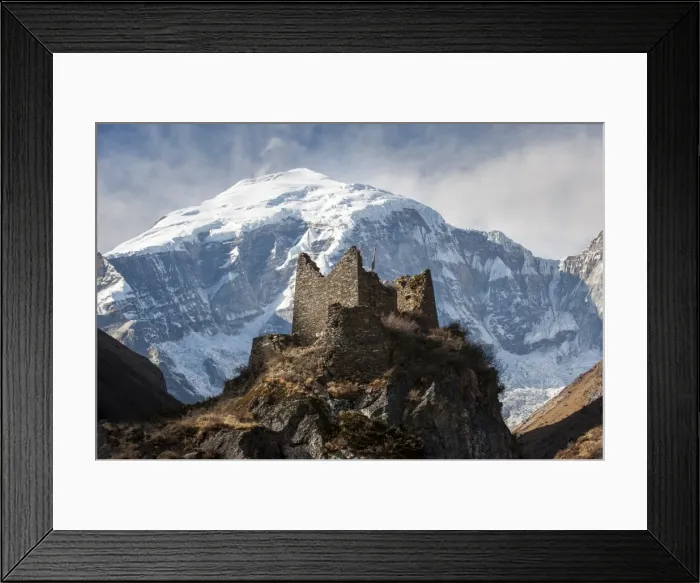 Framed Print : A ruined ancient Dzong at Jangothang with the face of Jomolhari mountain visible behind Framed Print : A ruined ancient Dzong at Jangothang with the face of Jomolhari mountain visible behind