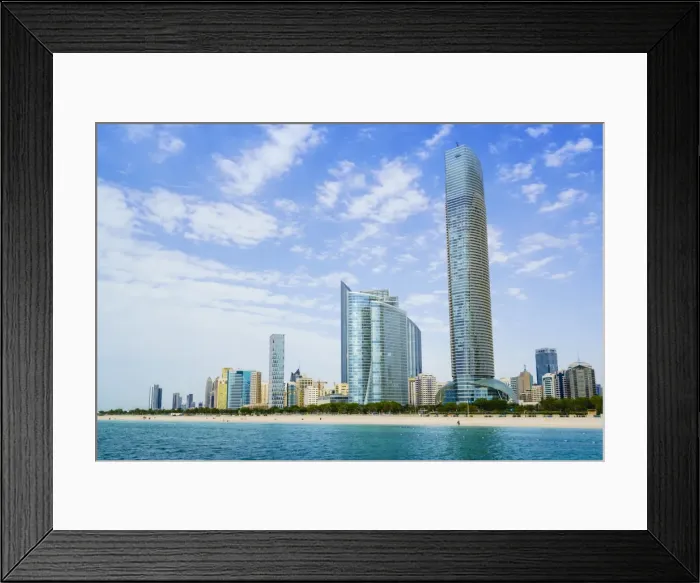 Framed Print : Skyline and Corniche, Al Markaziyah district, Abu Dhabi, United Arab Emirates, Middle Framed Print : Skyline and Corniche, Al Markaziyah district, Abu Dhabi, United Arab Emirates, Middle